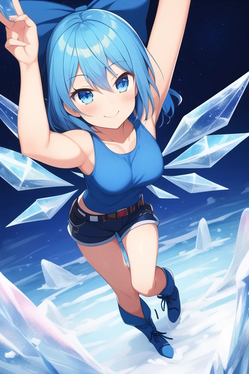 1girl, Touhou, Cirno, blue eyes, Blue hair, smiling expresion, playful, cute, ice land background, frozen frogs, full body, wide shot, blue female tank top, blue female shorts, blue female arm wear cloth, medium size breasts, armored top, blue belt, Ice boots, blue ribbon