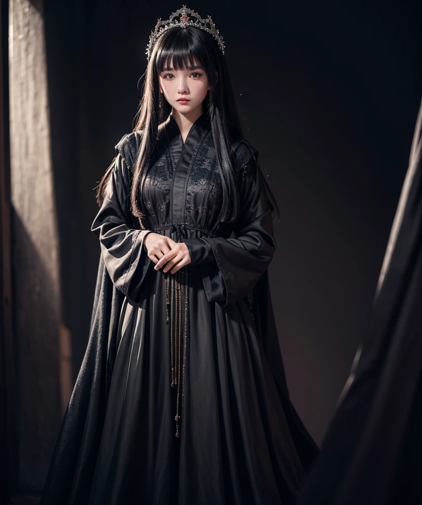 a mongolian princess girl,bangs black hair,standing,looking at to the viewer,(Very Detailed: 1.3),ultra realistic,HDR,(High Dynamic Range),8K RAW,(((1GIRL))),(((wearing black gown))),sad face,(((black background))),masterpiece,best quality,perfect proportion