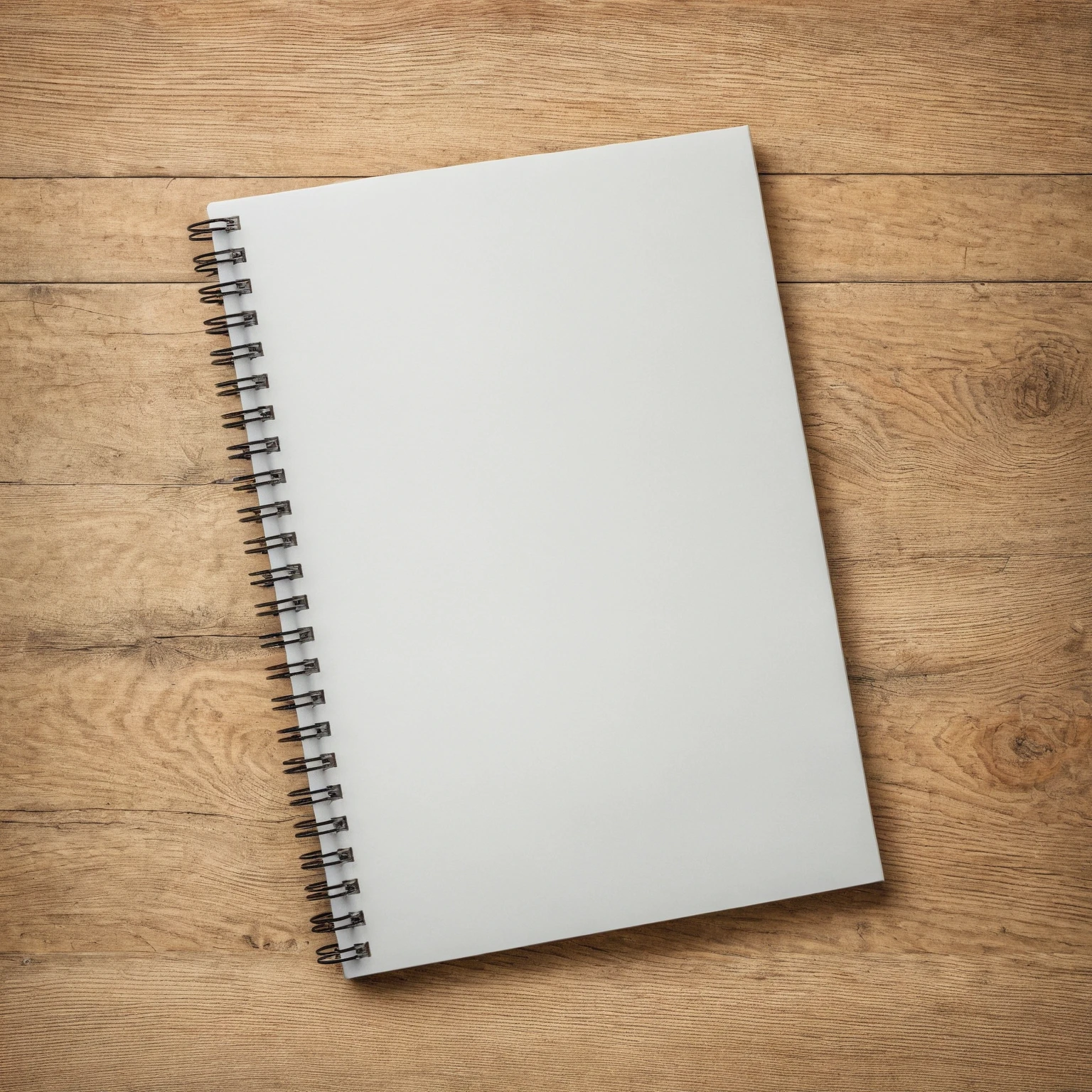 Mockup empty, a blank, white, empty spiral notebook lying on a vintage wooden desk, top view