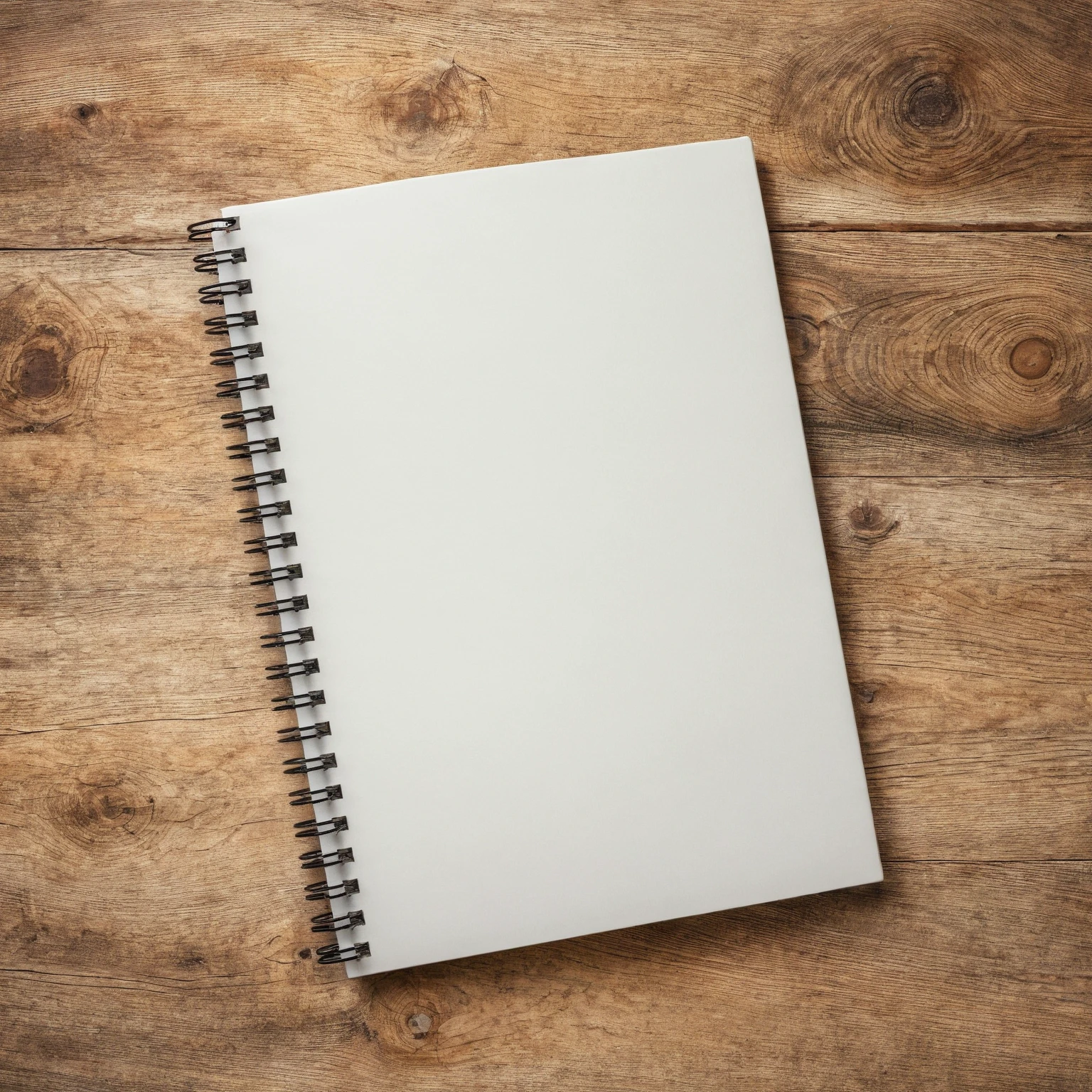 Mockup empty, a blank, white, empty spiral notebook lying on a vintage wooden desk, top view