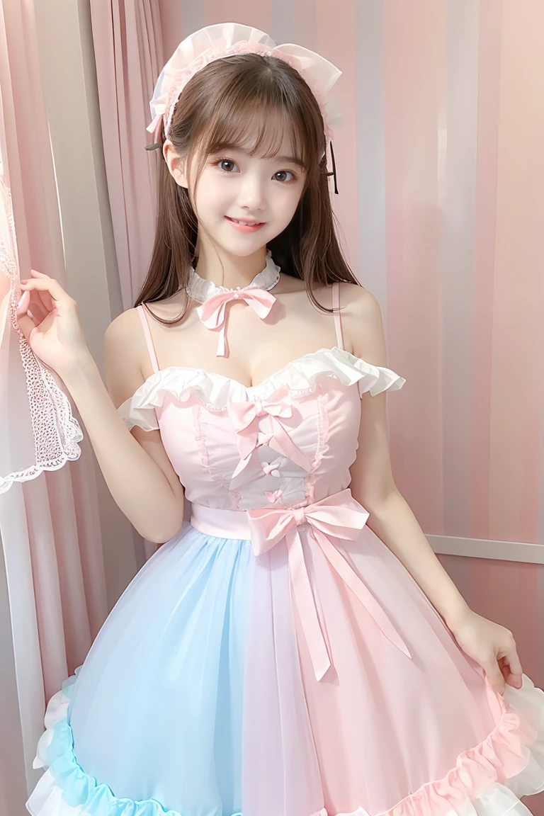 (Highest quality、masterpiece、8k、Best image quality、Hyperrealism、Award-winning works)、One Lolita girl、(alone:1.1)、(1 photo:1.1)、(Cute and girly light pink ruffled transparent lolita dress:1.2)、(Cute girly big ribbon:1.1)、(Cute and gorgeous hair accessories:1.1)、(Big ribbon on head:1.1)、Girly lace decoration、Cute girl frills、Cute girly lolita wavy hair、(Low length:1.1)、(height: 140cm:1.1)、(Big Breasts:1.1)、(Cleavage:1.1)、Cute heart ornament、Lots of cute frills、Big pretty ribbon、Accentuate your body lines、Slender body、Standing Elegantly、(Pastel colored girly lolita room background:1.1)、(Light blue and light pink lolita dream room:1.1)、(Lots of cute pastel-colored furniture:1.1)、(Lots of cute furniture, Perfectly organized:1.1)、(The background is a colorful Lolita room with pastel colors...:1.1)、(Cute girly curtains in pastel colors:1.1)、(very bright and vivid:1.2)、(Beautiful walls with cute decorations in pastel colors:1.1)、Blurred Background、Standing Elegantly、Accurate anatomy、Perfect Makeup、Long eyelashes、Glossy Lips、Ultra HD glossy skin、(Ultra-high resolution, bright and beautiful skin:1.2)、超高精細のGlossy Lips、Ultra-high resolution beautiful teeth、(Voluptuous body:1.1)、Cute heart symbol、wide々Stylish Lolita Room、Rose vase