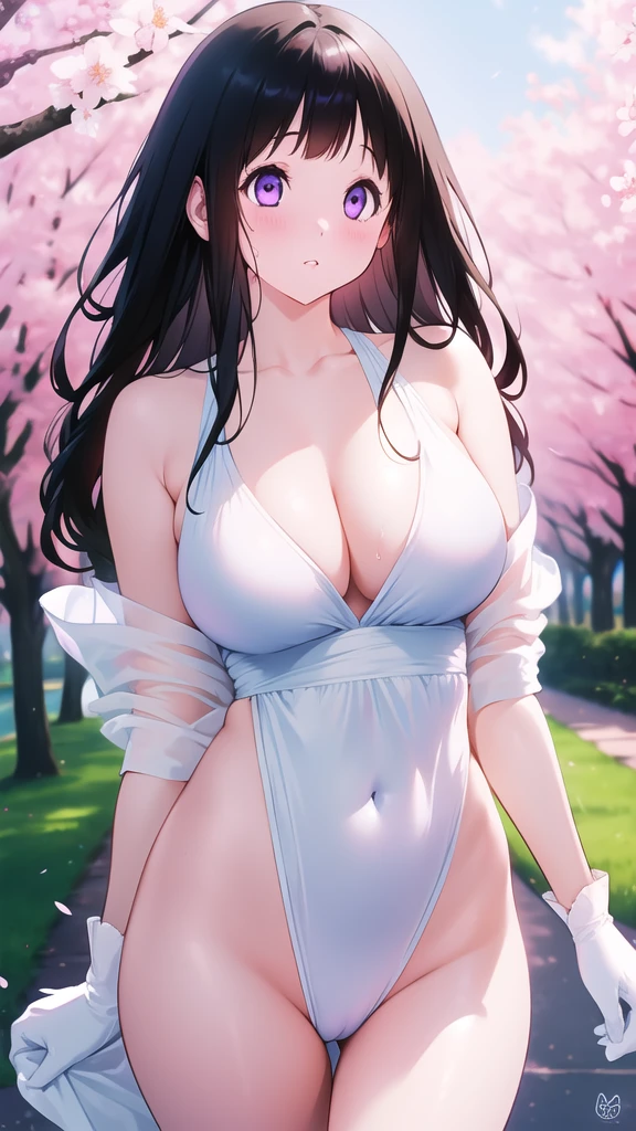 Amazing Chitanda, There is only one beautiful girl,Purple Eyes, Black Hair, Very red face,Very white skin,Glowing skin,Skin as delicate as porcelain,Naturally straight hair, Straight bangs,Extremely refined,Open lips,Long flowing hair,Beautiful Girl, Like a dream,Slim,Slim waist,Soft, (Sensual), (Kawaii), Dream quality,Beautiful big breasts,Areola,Completely naked,White gloves,Flower decoration,Deep V neckline,Loose neckline,Wide neckline,Walking in school,Place your hands on your inner thighs,Sweaty and sweaty,Underwear Rain,Next to the cherry blossom trees,Back to,Lean over,Hips,Side body,Gluteal groove,Completely naked的臀部,Bare back,Completely naked的背部,Light transmission,(no pants),pussy juice,Bare shoulders,Bare neck,Exposed collarbone,Exposing breasts,Exposing breasts侧面,Exposing breasts下面,Show your waist,Show your buttocks,Show your thighs,Exposing the groin,(No pants),extremely shy,Ultra-high resolution, (masterpiece:1.2, best quality), (Delicate and beautiful eyes: 1.2), (Beautiful and delicate face)