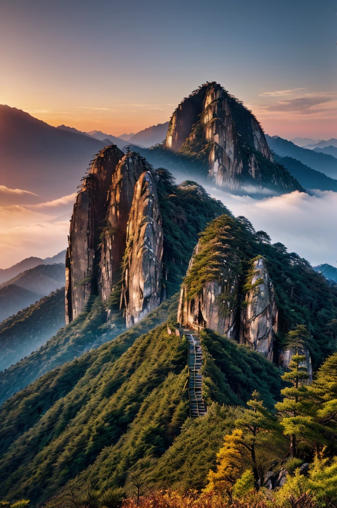 Landscape Photography,Huangshan,Mountain,Sunset,Golden Hour,pine,National Geographic Works,Award-winning photos,reality,HD,high quality,HDR,8K