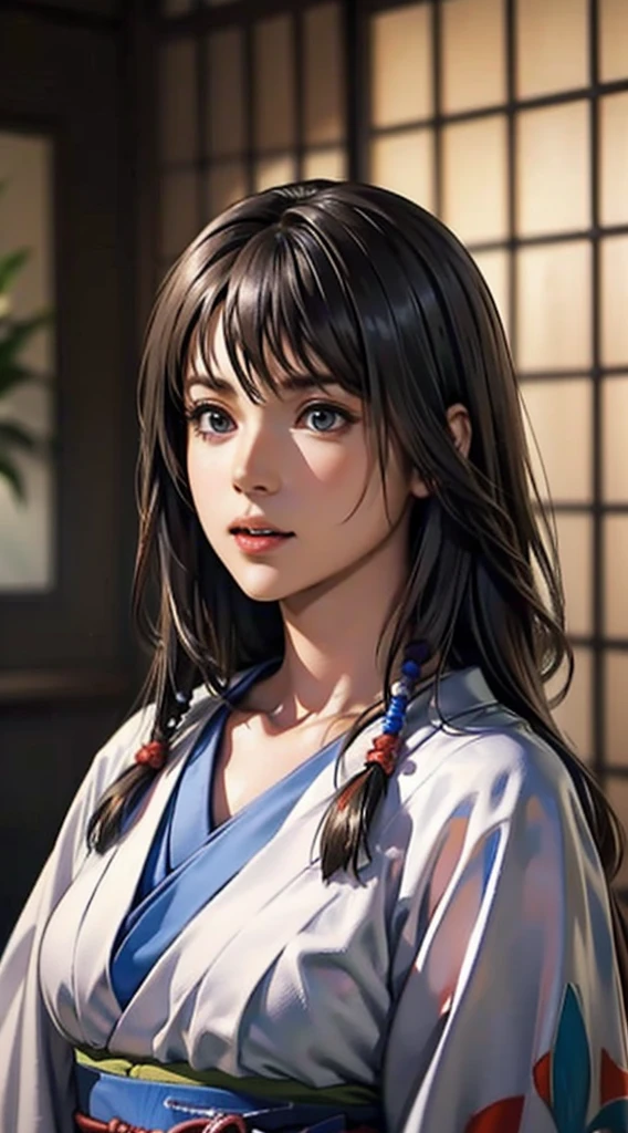 (Realistic)、(Realistic:1.2)、(High resolution)、Very detailed、Very beautiful face and eyes、1 girl、Delicate body、(highest quality、Attention to detail、Rich skin detail)、(highest quality、8k、Oil paint:1.2)、Very detailed、(Realistic、Realistic:1.37)、Bright colors、Full Body Shot,black_hair, Beautiful 8k eyes,Looking_in_Audience,One person in,Are standing,((Very beautiful woman, Fuller lips, Japanese pintern kimono))、((Colorful Japanese kimono)))、(((blackhair)))、(((Blunt bung，long straight hair)))、((( Inside an old Japanese house with a (short focus :1.4),)))、(masterpiece, highest quality, highest quality, Official Art, beautifully、aesthetic:1.2),(Fractal Art:1.3),Sengoku period、Greg Rutkowski Written by Alphonse Mucha Ropp,short ,uchikake,nishijin ori,(realistic light and shadow), (real and delicate background),(muted colors, dim colors, soothing tones:1.3), low saturation, (hyperdetailed:1.2), (noir:0.4),drow,blurry_light_background, (vibrant color:1.2), cinematic lighting, ambient lighting,Single Shot,Shallow Focus,pink lip,blurry light background,