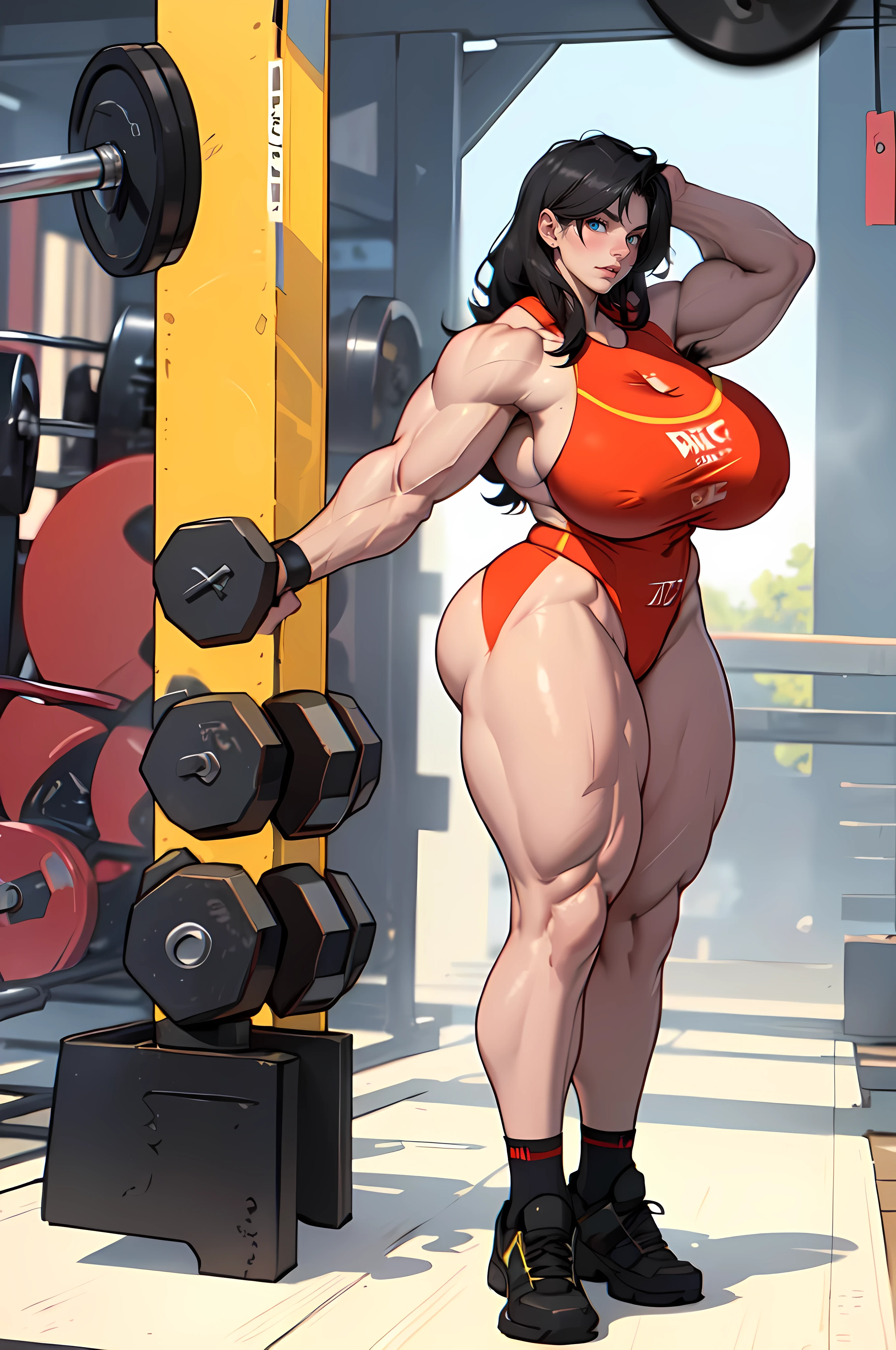 NSFW:1.7 ((Naked)) ((Long Legs)) ((Full Body)) ((pale skin)) (1girl) (((massive female bodybuilder:1.5))) (((huge breasts:1.7))) thick thighs black hair yellow eyes