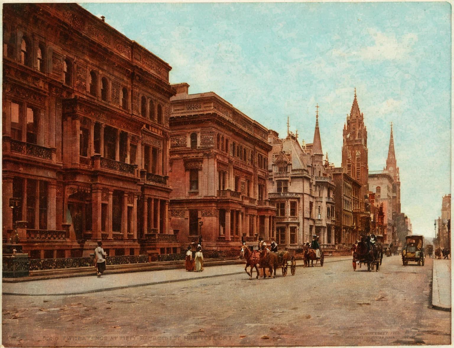 halftone, there are many horses and carriages on the street in this old photo, hand - tinted, colorized 1 9 0 4 photo, photograph of the city street, colorized, colorized photograph, colorized photo, street of new york, autochrome photograph, by Edgar Schofield Baum, new york streets, sydney mortimer laurence, a colorized photo, at a city street