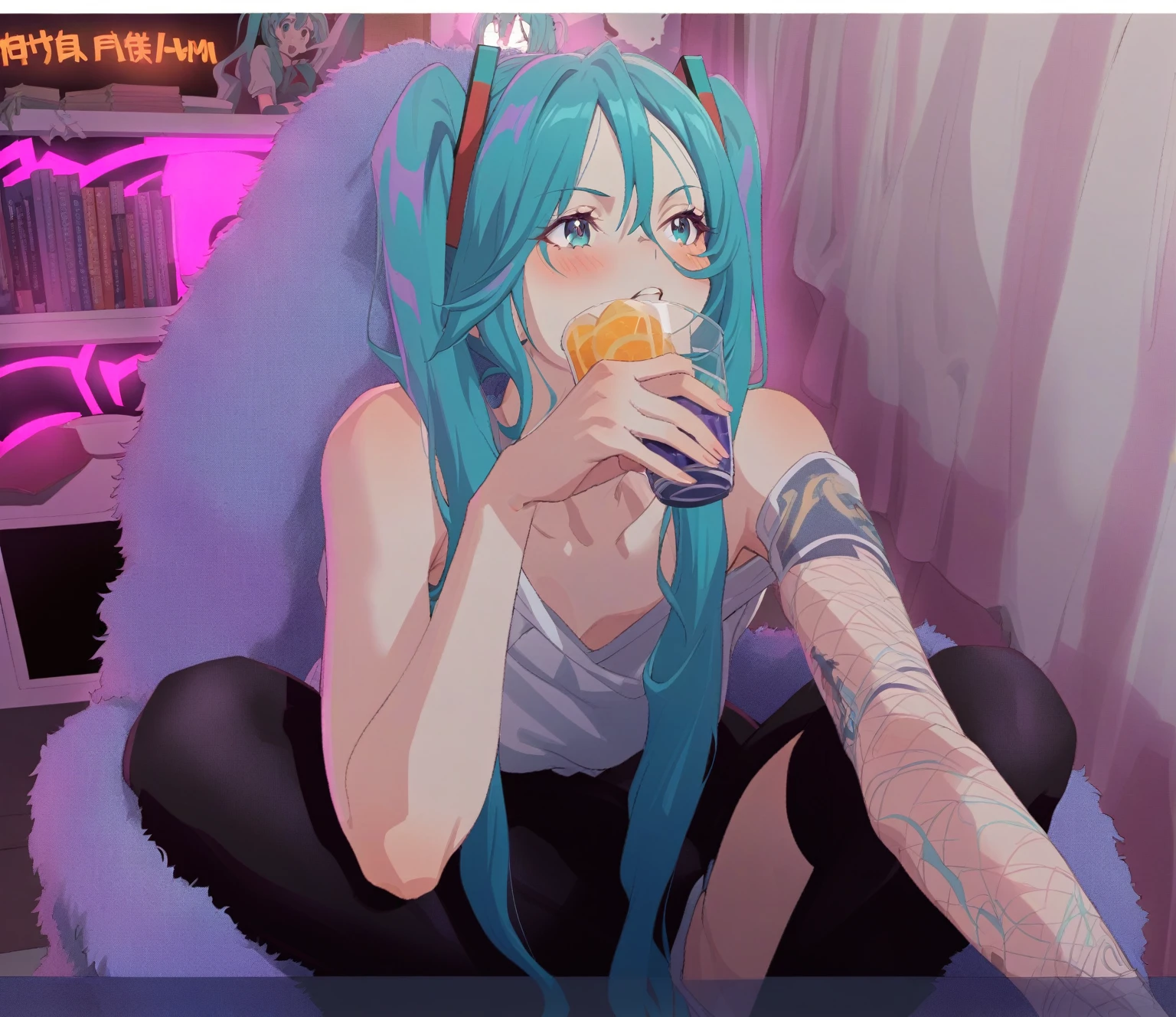 {{{sincos (sincos)}}}, hatsune Miku cosplay, anime girl cosplay, y 2k милыйкор клоункор, anime inspired, Miku, She has pale blue skin!!!, anime atmosphere, hatsune Miku, Anime girl with turquoise hair, Sona is slim, with long turquoise hair