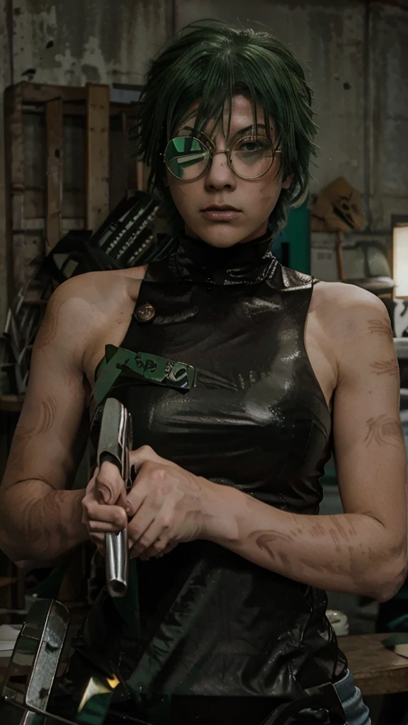 jujutsu kaisen maki zenin realistic green hair beautiful face with glases and weapon ,12 anos,12 aninhos