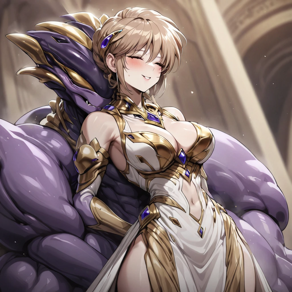 ((Highest quality)), ((masterpiece)), (detailed), （Perfect Face）、The woman is Alien Princess Leona, wearing a gorgeous alien dress decorated in purple and black with gold, with long light brown hair and a completely alien body.、The woman is happily cuddling with the powerful alien king.