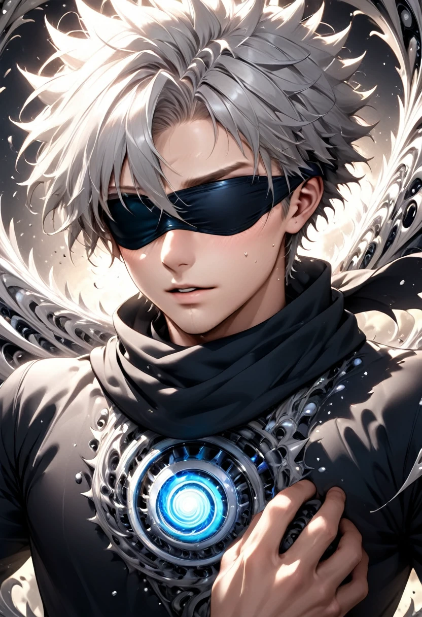 
     A boy in a black shirt wears a black eye patch、scarf, gray hair, Close up high dynamic range of man with spiky hair and white hair 

            
                 ( Perfect anatomical structure ) Handsome black jacket blue silver shiny swirling high dynamic vortex around man, Vortex Dynamic Masterpiece Perfect Composition Intricate Details Meticulous Digital Art 