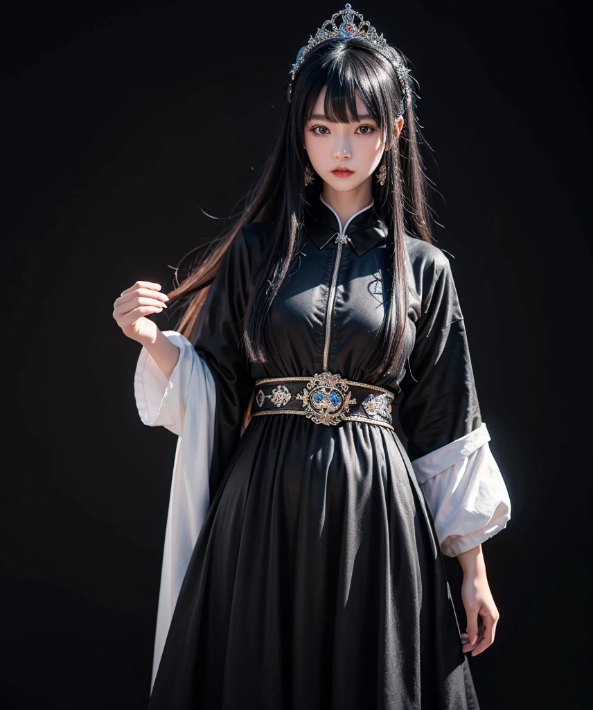 a mongolian princess girl,bangs black hair,standing,looking at to the viewer,(Very Detailed: 1.3),ultra realistic,HDR,(High Dynamic Range),8K RAW,(((1GIRL))),(((wearing black gown))),sad face,(((black background))),masterpiece,best quality,perfect proportion