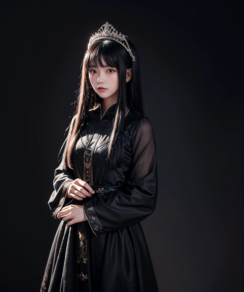 a mongolian princess girl,bangs black hair,standing,looking at to the viewer,(Very Detailed: 1.3),ultra realistic,HDR,(High Dynamic Range),8K RAW,(((1GIRL))),(((wearing black gown))),sad face,(((black background))),masterpiece,best quality,perfect proportion