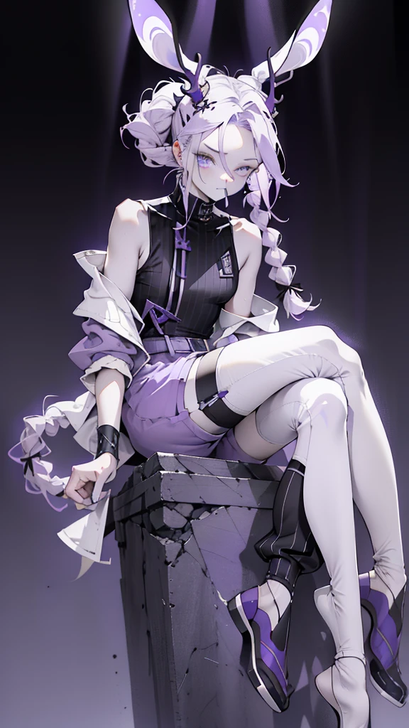 boy rabbit thoughtful look open forehead. white and purple hair braided in a ponytail on the left side to one side. sinuous black horns wrapped in dark purple ribbon. pale violet eyes. in short dark purple shorts. long white T-shirt. dark purple knee-high socks. white long coat with hood. black limit stone walls purple light from lamps sitting on the steps