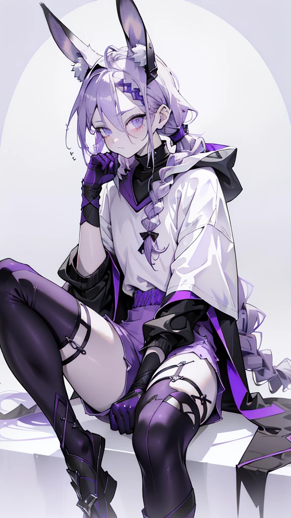 Boy Rabbit. Twisting dark purple horns wrapped in black ribbon. golden halo above your head. Long white hair braided on the left side. pale violet eyes. Long white t-shirt. white short shorts. White knee socks above the knee. Long White cloak with hood and ornament of gold rings. concrete walls lighting lamps water on asphalt. full length. Moon