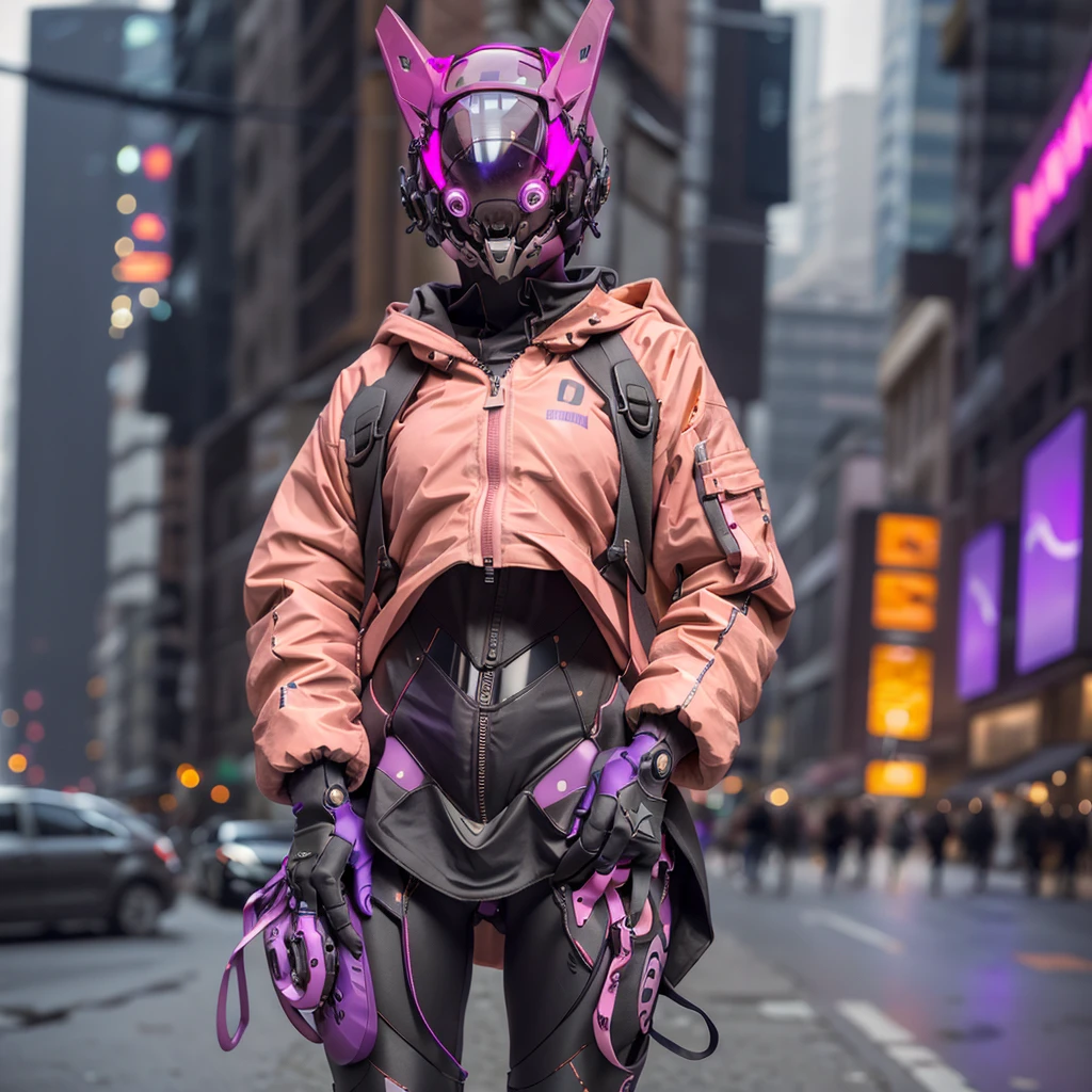 1girl, helmet, Hood, Solo, Spacesuit, Short_Hair, bangs, Jacket, The upper part of the body_Body, Pink_Hair, bag, Blurry, Coat, Purple_Eyes, Mask, Blurry_Background, Backpack, zippers, Mouth_Mask, Covered_Mouth, Urban tech clothing, Outfit，lowerbody，Fair long legs，Unequal cyber leggings，with light glowing，zippers，Mechanical booties，Full body shot from head to hips。