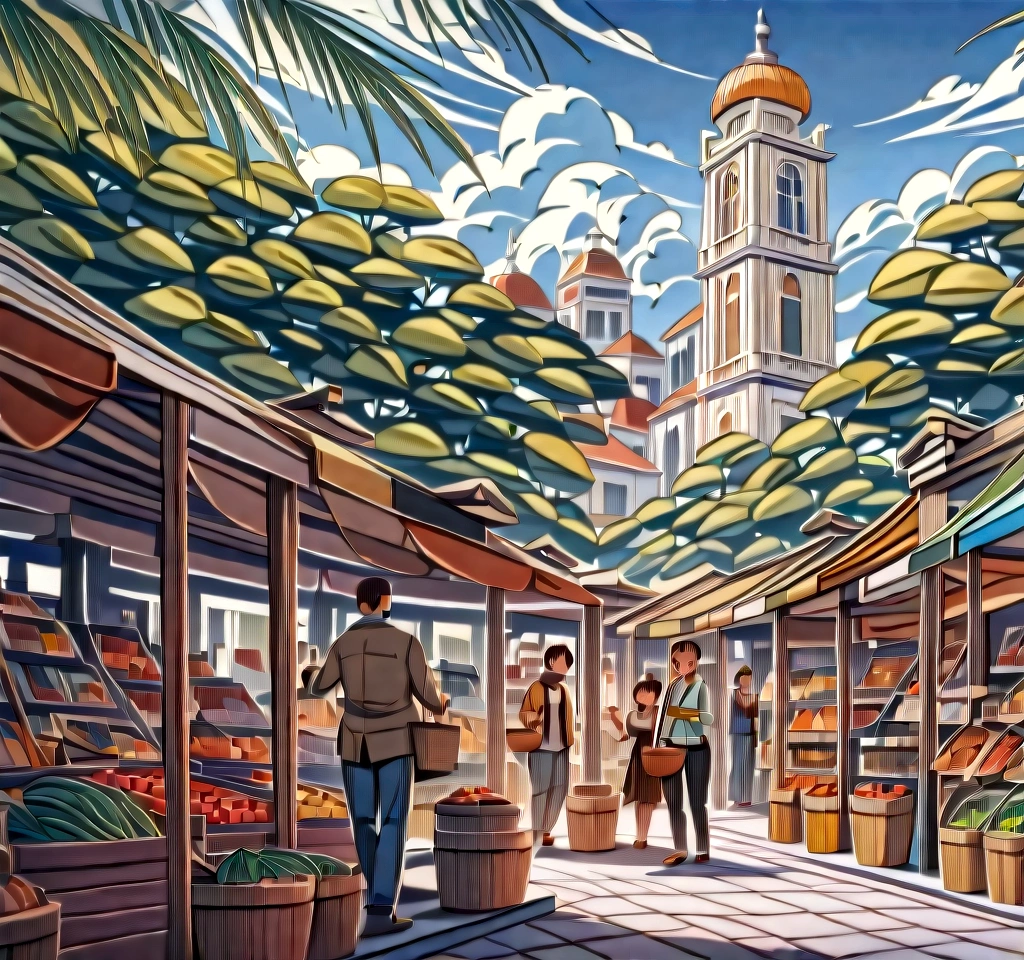 Please create an extremely detailed pixel art of the Ver-o-Peso Market in Belém do Pará, Brazil. This market is an iconic and vibrant location known for its unique architecture and bustling activity. The artwork should include the following elements:
1. **Architectural Features**: Capture the market’s distinctive iron structures, including the large canopy roofs, the ornate details of the ironwork, and the prominent clock tower that stands as a focal point.
2. **Market Stalls**: Depict a variety of colorful market stalls. These should be filled with an assortment of fresh produce like fruits, vegetables, and herbs. Show the diversity of products, including local delicacies such as açaí, regional spices, and fresh fish.
3. **Vendors and Shoppers**: Illustrate the dynamic and bustling atmosphere with vendors interacting with shoppers. Vendors can be shown arranging their goods, calling out to customers, or engaging in lively conversations. Shoppers should reflect the diverse local population, with a mix of people examining products, negotiating prices, and carrying shopping bags.
4. **Local Crafts and Goods**: Include stalls that sell handmade crafts, traditional clothing, and other local goods. Highlight items such as baskets, pottery, and textiles that showcase the cultural richness of the area.
5. **Environmental Elements**: Incorporate the surrounding environment, including glimpses of the Guamá River, palm trees, and the general greenery of the area. This can provide context and enhance the feeling of place.
6. **Color Palette**: Use a vibrant and diverse color palette. Bright colors should dominate the stalls and goods to reflect the lively market atmosphere. Earthy tones can be used for the iron structures and architectural elements, while greens and blues can represent the natural surroundings.
7. **Attention to Detail**: Pay close attention to small details that bring the scene to life, such as textures of the market goods, the expressions and postures