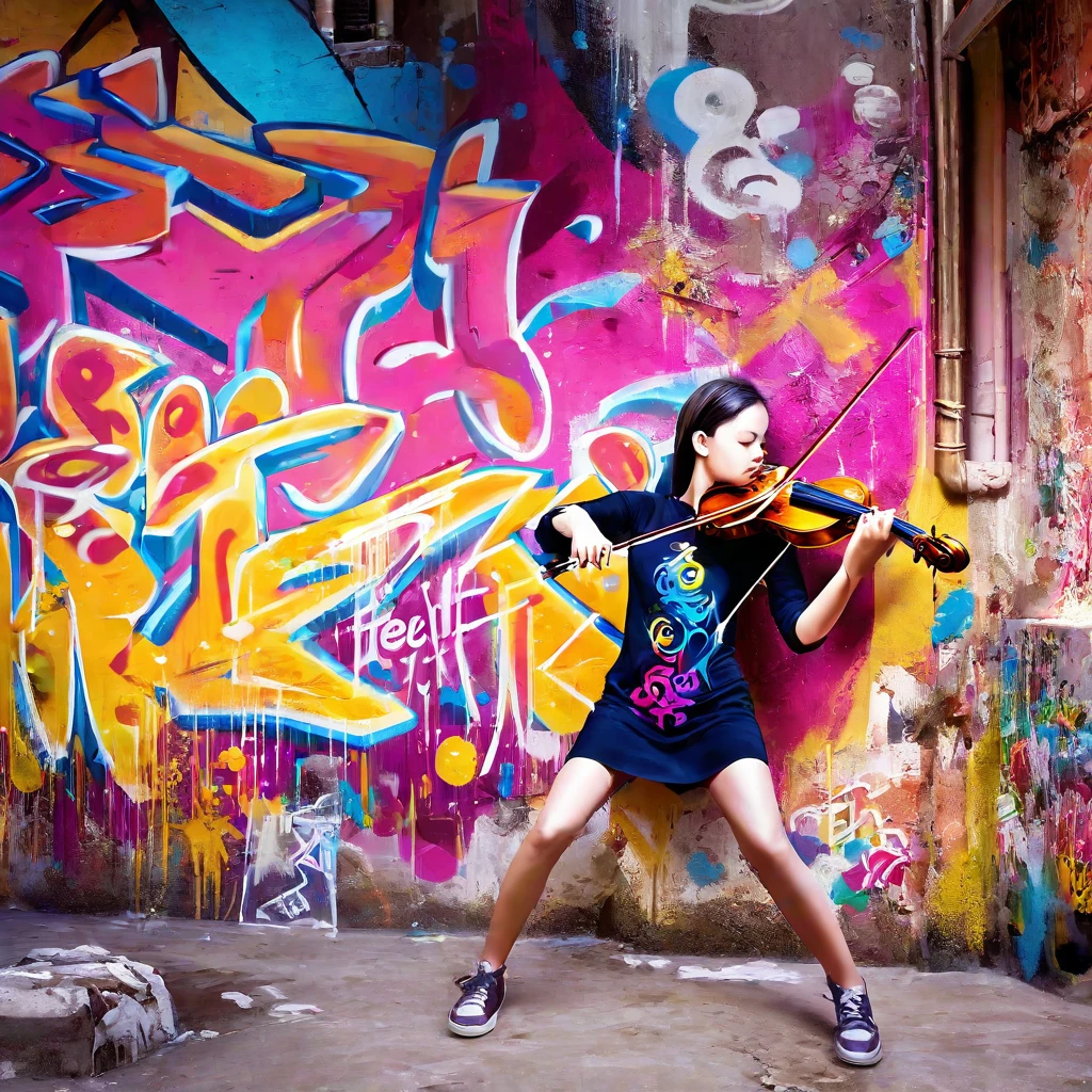 A girl passionately playing the violin inside a building adorned with street art. On the wall behind her, there's a large, vibrant graffiti that says 'Feel it,' adding an urban and artistic vibe to the scene.

