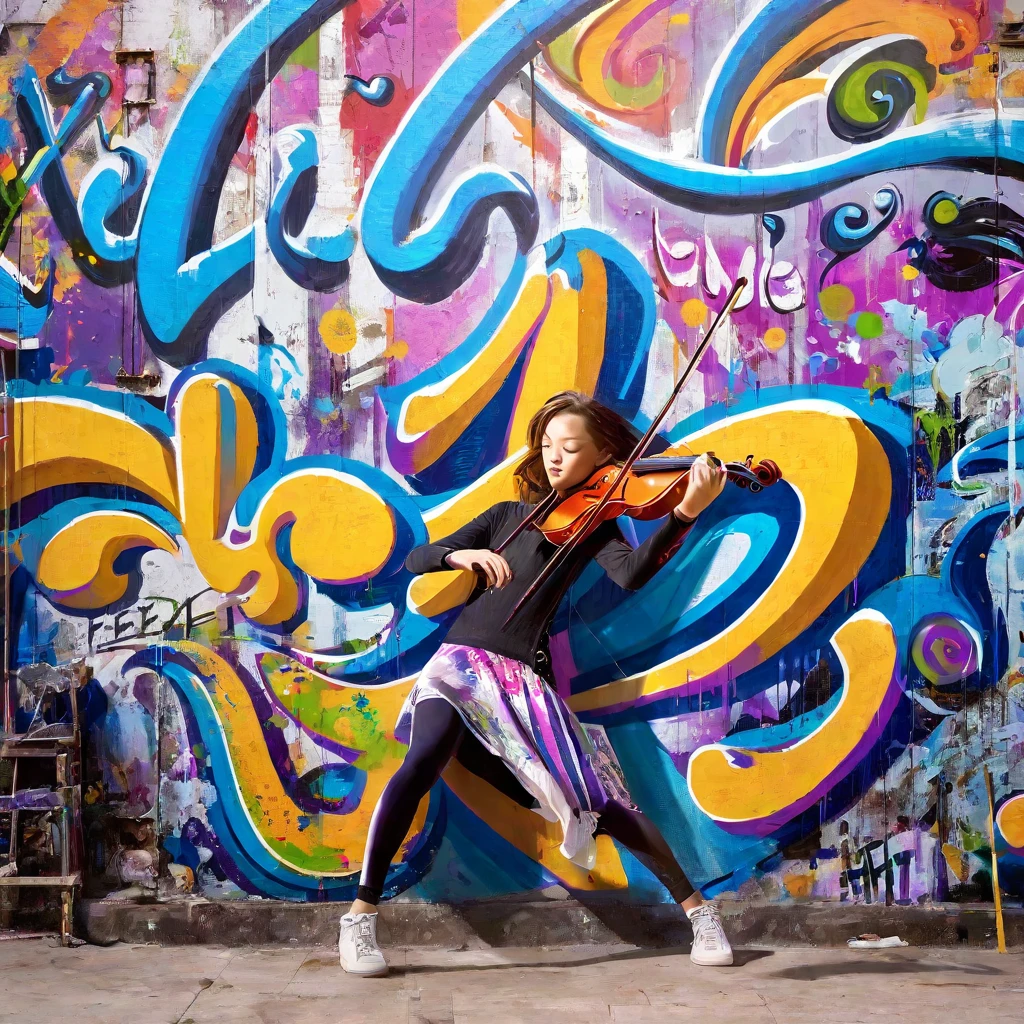 A girl passionately playing the violin inside a building adorned with street art. On the wall behind her, there's a large, vibrant graffiti that says 'Feel it,' adding an urban and artistic vibe to the scene.


