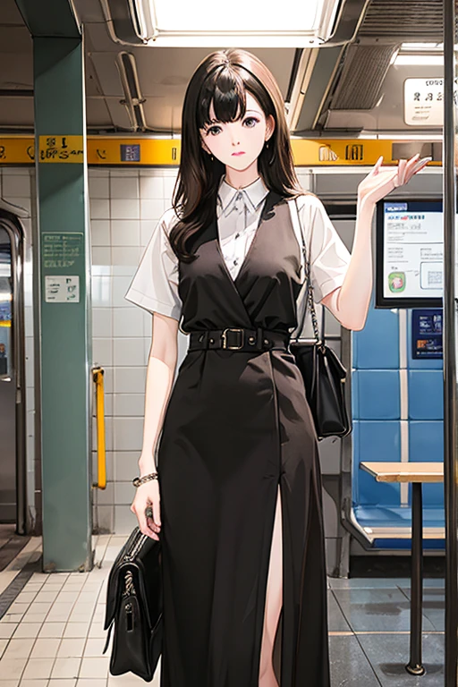 Highest quality、masterpiece、High sensitivity、High resolution、detailed、One Woman、Slim Body、On the subway platform、Waiting for the train、