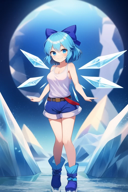 1girl, Touhou, Cirno, blue eyes, Blue hair, smiling expresion, playful, cute, ice land background, frozen frogs, full body, wide shot, blue female tank top, blue female shorts, medium size breasts, top, blue belt, Ice boots, blue ribbon, Adventure Cirno