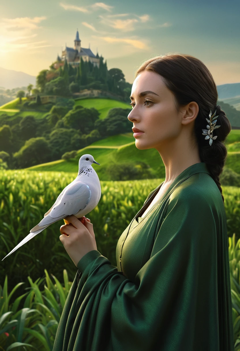 a woman holding a sword in her hand, a dove sitting on her hand, lush green landscape, highly symmetrical, (best quality,4k,8k,highres,masterpiece:1.2),ultra-detailed,(realistic,photorealistic,photo-realistic:1.37),detailed face and eyes, elegant pose, peaceful expression, dramatic lighting, serene atmosphere, natural setting, cinematic composition