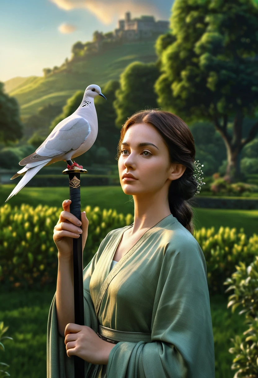 a woman holding a sword in her hand, a dove sitting on her hand, lush green landscape, highly symmetrical, (best quality,4k,8k,highres,masterpiece:1.2),ultra-detailed,(realistic,photorealistic,photo-realistic:1.37),detailed face and eyes, elegant pose, peaceful expression, dramatic lighting, serene atmosphere, natural setting, cinematic composition