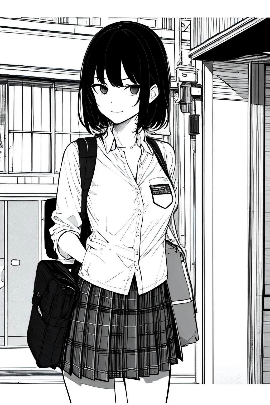 masterpiece, top-quality, 1girl in, Uniforms, A slight smil, a school bag, A dark-haired, Black eyes, cyberpunked, a street, monochromes, line-drawing、iced