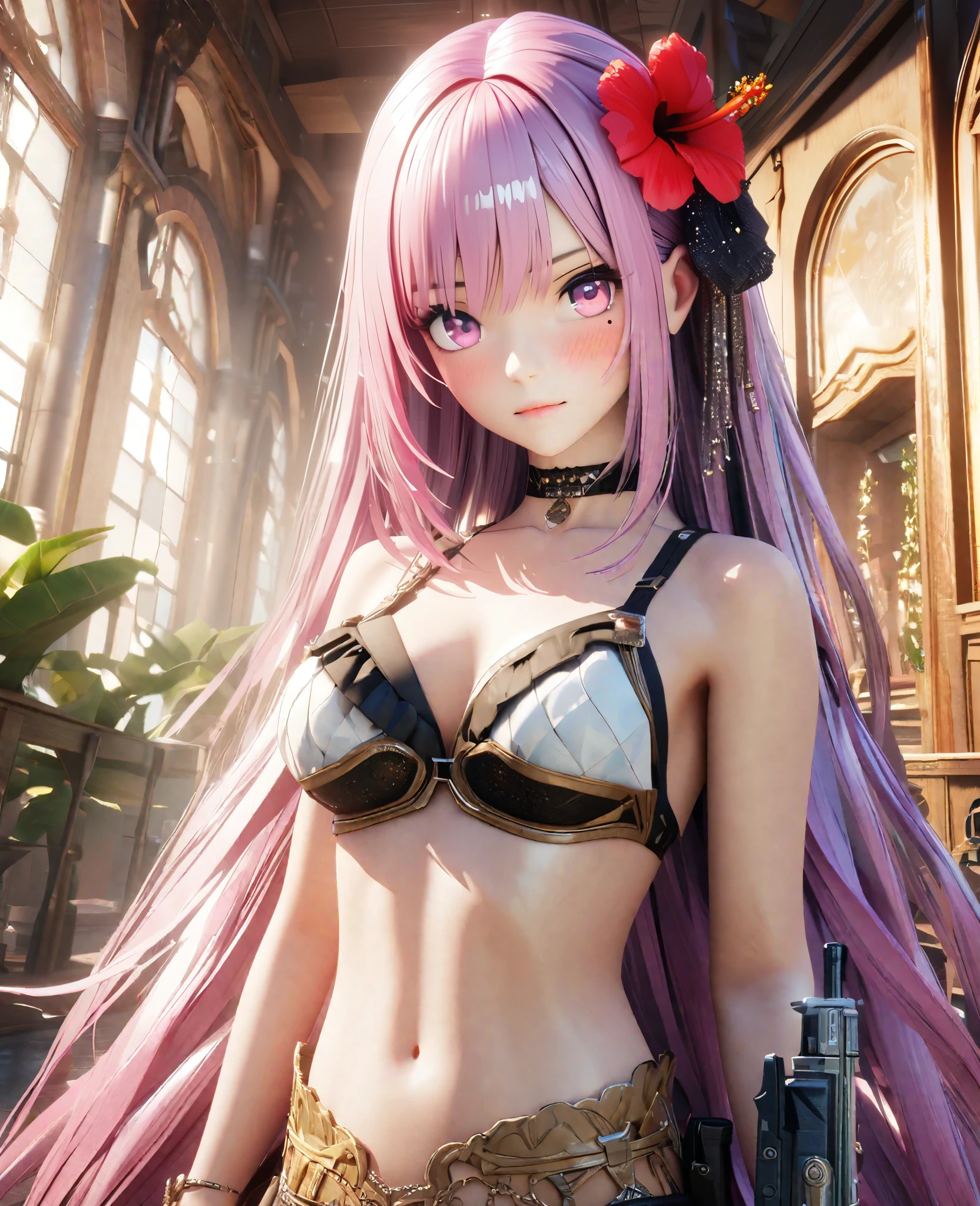 masterpiece,highest quality, Very detailed, High resolution, expensive resolution, High resolution, 4K, 8k, unity 8k wallpaper, Very detailed CG, masterpiece, 2D, 3D, Beautiful details, depth, Fine texture , highest quality: 1.3, Fully focused, Crispy.skin, .he,
Very cute anime girl 、bikini、Large Breasts、Pink medium-long hair wearing expensive , Two Girls、Holding a gun, Mole under the eye, looking at the viewer , expensive , blush, Mole, Lips parted, Hibiscus Hair Accessories, heart, Pink Eyes, choker