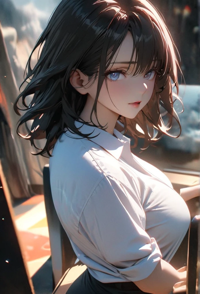 (solo), black hair, messy hair, mane hair, medium hair, dense hair, wild hair, expressive hair, mature,(25 year old), pale skin, blue eyes, ((Female)), beatiful girl, wearing a white shirt, open shirt, tight clothes, long black pants, rolled up sleeves, beautiful, attractive, large breast, and round and big ass, Holding a katana, eye reflection, depth of field, thunder aura, cinematic lighting, ray tracing, depth of field, cinematic lighting, ray tracing, UHD, high details, best quality, highres, high quality, award winning, super detail, masterpiece, 8k, UHD, high details, best quality, highres, high quality, award winning, super detail, masterpiece, 8k, digital art, anime coloring, body shot, good face, perfect face, detailed face, good eyes. Space and planets background