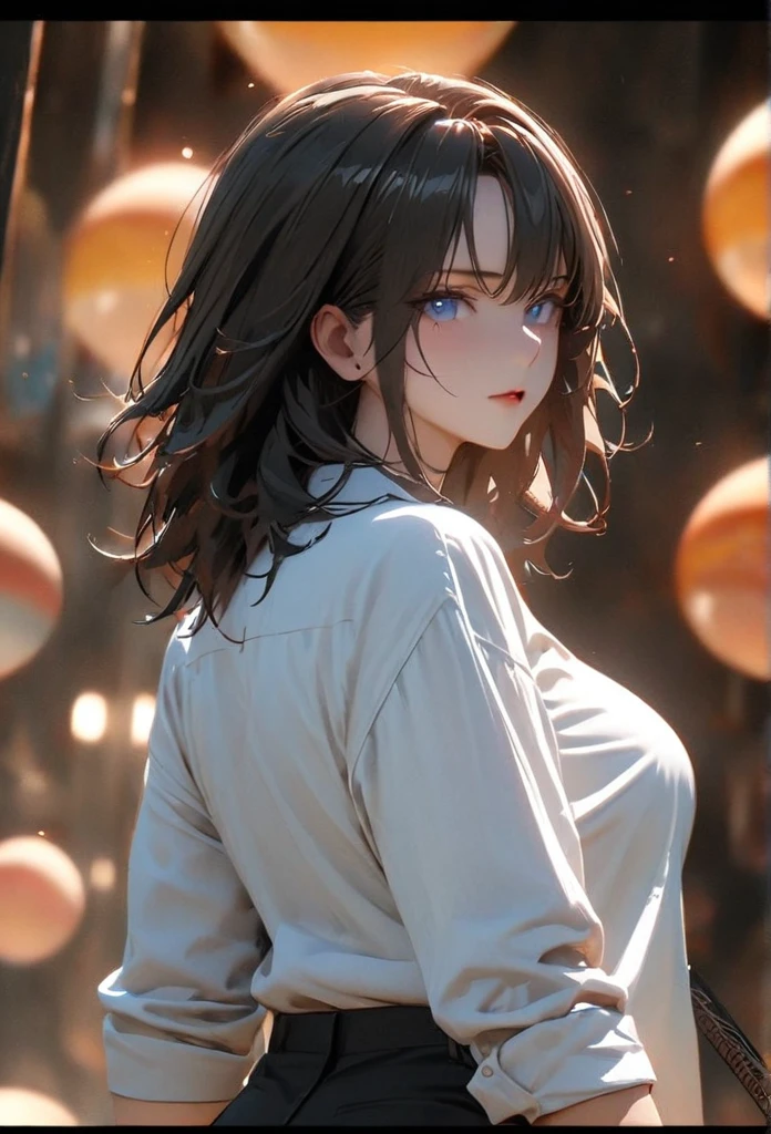 (solo), black hair, messy hair, mane hair, medium hair, dense hair, wild hair, expressive hair, mature,(25 year old), pale skin, blue eyes, ((Female)), beatiful girl, wearing a white shirt, open shirt, tight clothes, long black pants, rolled up sleeves, beautiful, attractive, large breast, and round and big ass, Holding a katana, eye reflection, depth of field, thunder aura, cinematic lighting, ray tracing, depth of field, cinematic lighting, ray tracing, UHD, high details, best quality, highres, high quality, award winning, super detail, masterpiece, 8k, UHD, high details, best quality, highres, high quality, award winning, super detail, masterpiece, 8k, digital art, anime coloring, body shot, good face, perfect face, detailed face, good eyes. Space and planets background