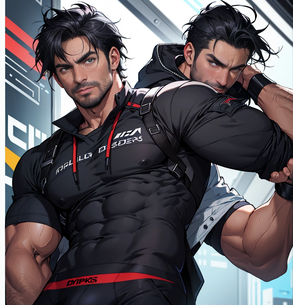 One man, Ruggedly handsome older man DILF, with black hair. Dominant, Confident, bdsm, portrait shot, ("underwear, big bulge ":1.2),(dynamic pose:1.1)