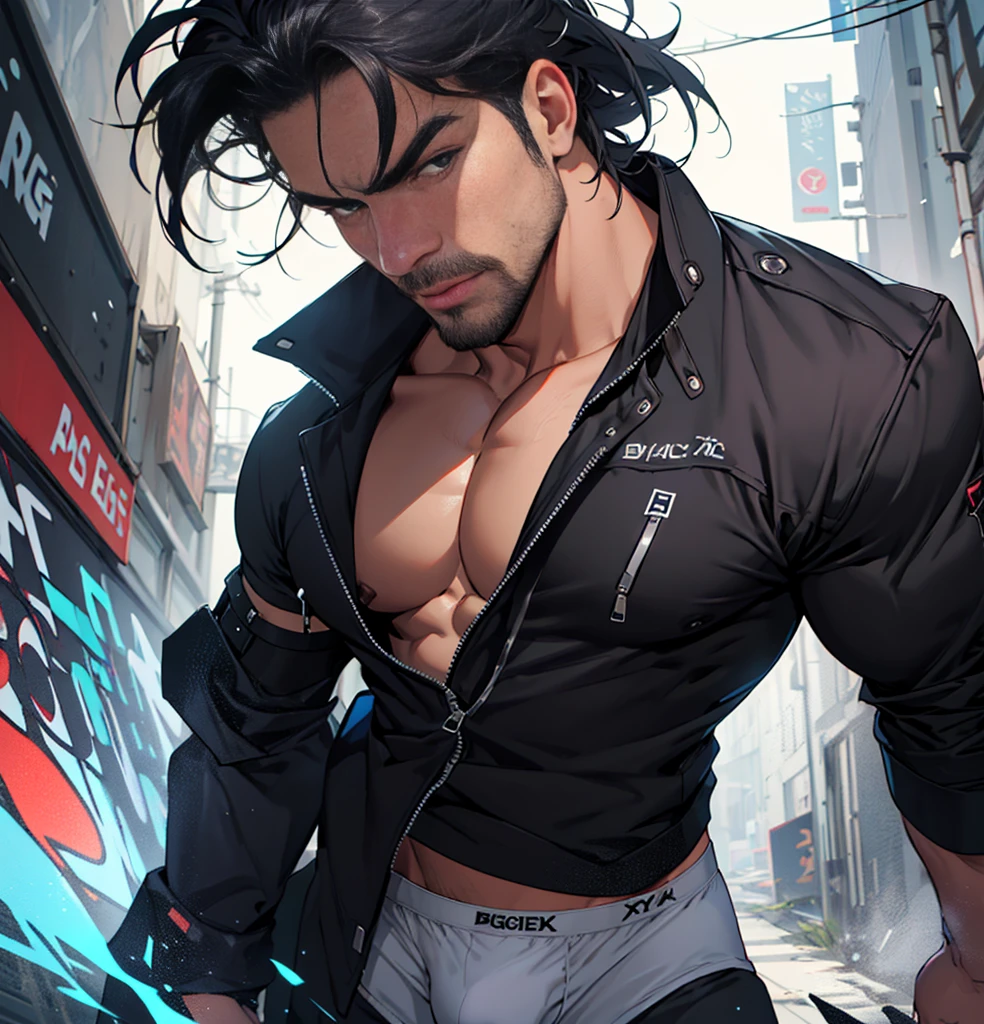 One man, Ruggedly handsome older man DILF, with black hair. Dominant, Confident, bdsm, portrait shot, ("underwear, big bulge ":1.2),(dynamic pose:1.1)