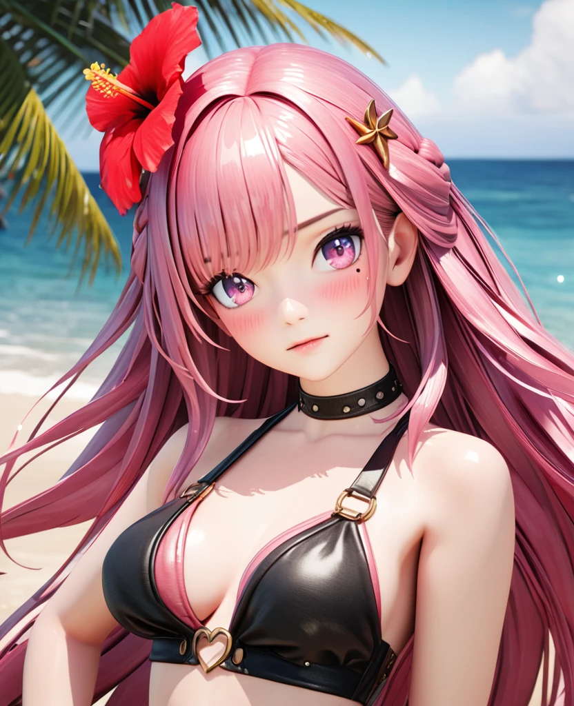 masterpiece,highest quality, Very detailed, High resolution, expensive resolution, High resolution, 4K, 8k, unity 8k wallpaper, Very detailed CG, masterpiece, 2D, 3D, Beautiful details, depth, Fine texture , highest quality: 1.3, Fully focused, Crispy.skin, .he,
Very cute anime girl 、bikini、Large Breasts、Pink medium-long hair wearing expensive , One Girl、Palm tree、Seaside, Mole under the eye, looking at the viewer , expensive , blush, Mole, Lips parted, Hibiscus Hair Accessories, heart, Pink Eyes, choker