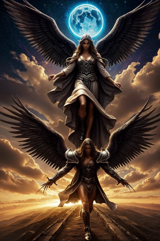 Crea una imagen del mundo con angeles, demonios y mortalea