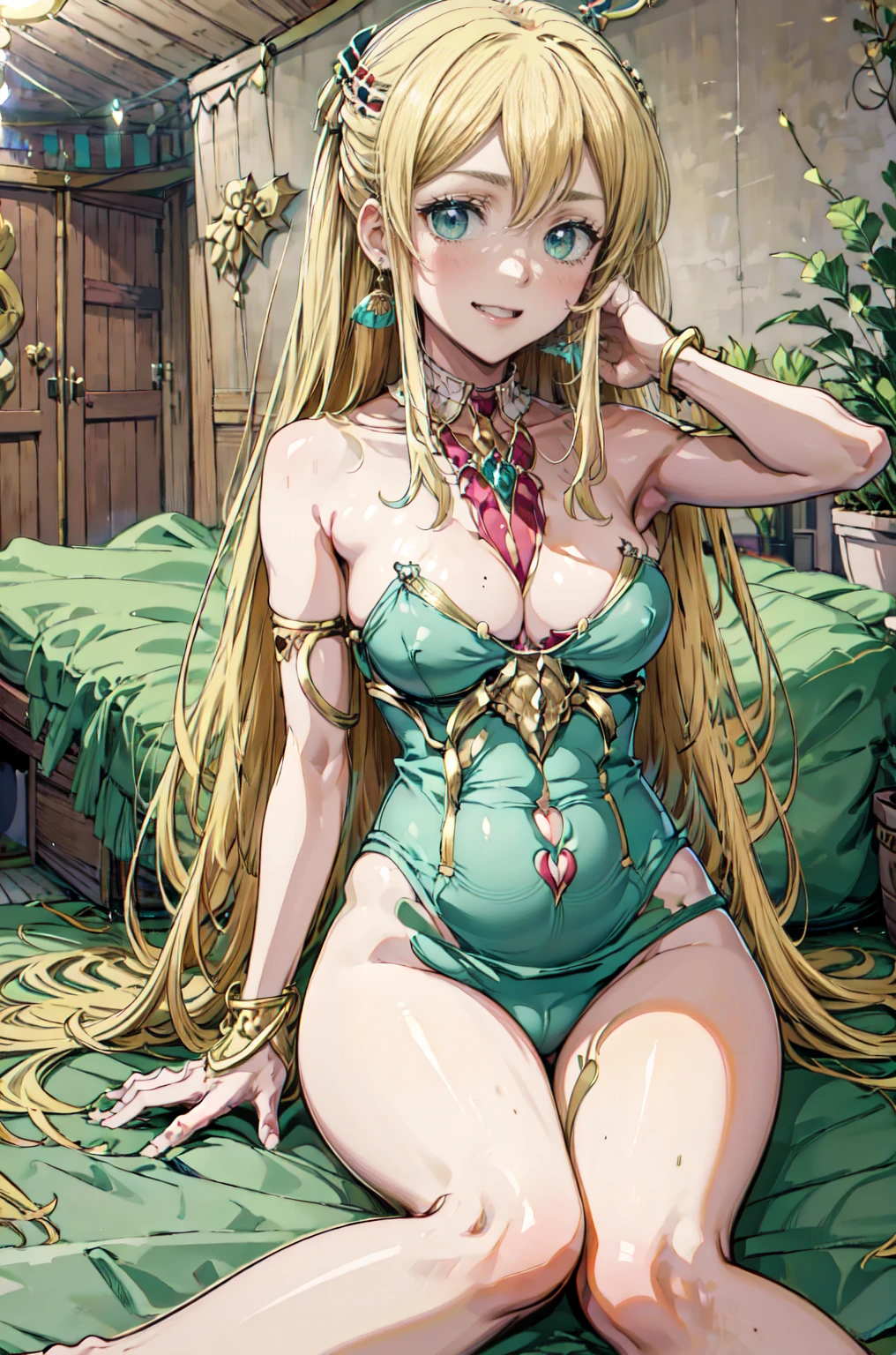lewd face,Aphrodite Danmachi, blonde hair, green eyes, long hair, earring, bijouterie, school swimsuit, (inside, bedroom, in bed), (masterpiece, best quality, very detailed, best shadow), heart eyes, Obscene tattoos, Dog collar, snood, pregnancy, lying