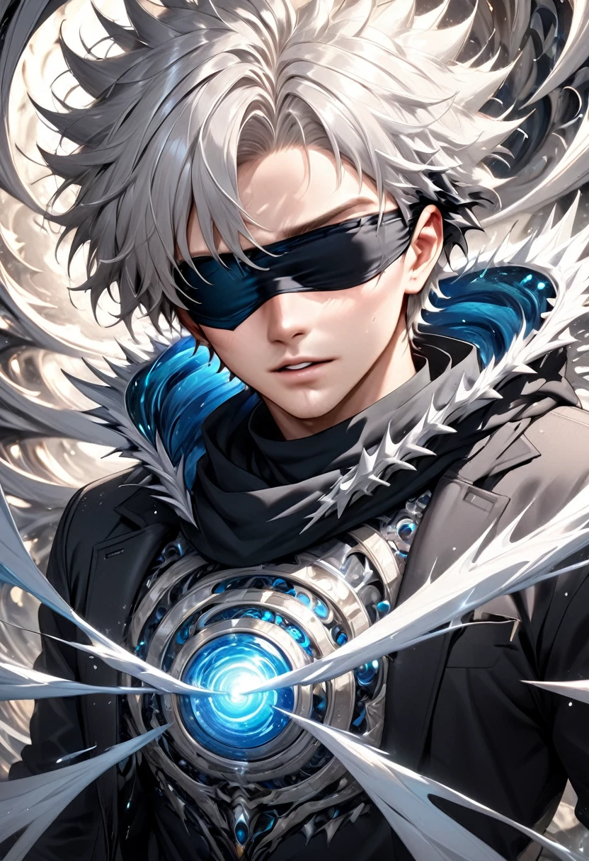 
     A boy in a black shirt wears a black eye patch、scarf, gray hair, Close up high dynamic range of man with spiky hair and white hair 

            
                 ( Perfect anatomical structure ) Handsome black jacket blue silver shiny swirling high dynamic vortex around man, Vortex Dynamic Masterpiece Perfect Composition Intricate Details Meticulous Digital Art 