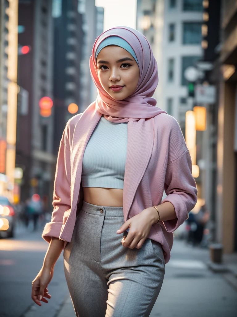 Malay girl in hijab and wear Half Button Rib Knit Tee with pastel color jacket and High Waist Plicated Detail Suit Pants, walking in city street, catwalk, confident walk, windy, elegance, front view, detail skin, detail skin texture, beautiful malay face, pastel color outfit, small breast, wide hip, wide waist, thick thighs, slim abs, beautiful body, evening, sunset, sun light enhance dramatic mood, arrogant smile, professional cinematic lighting, blur background, bokeh, realistic, ultra detail, high quality,