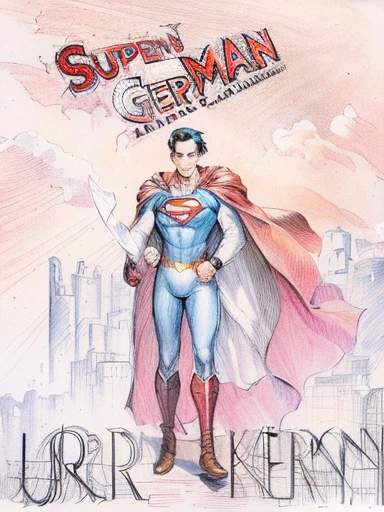 a drawing of a man in a superman costume with a cape, comic book arzach style, inspired by Ulrich Leman, inspired by Georg Friedrich Kersting, inspired by Adolf Ulric Wertmüller, inspired by Adolf Dietrich, germanic, inspired by Jens Ferdinand Willumsen, inspired by Jakob Gauermann, inspired by Friedrich Gauermann