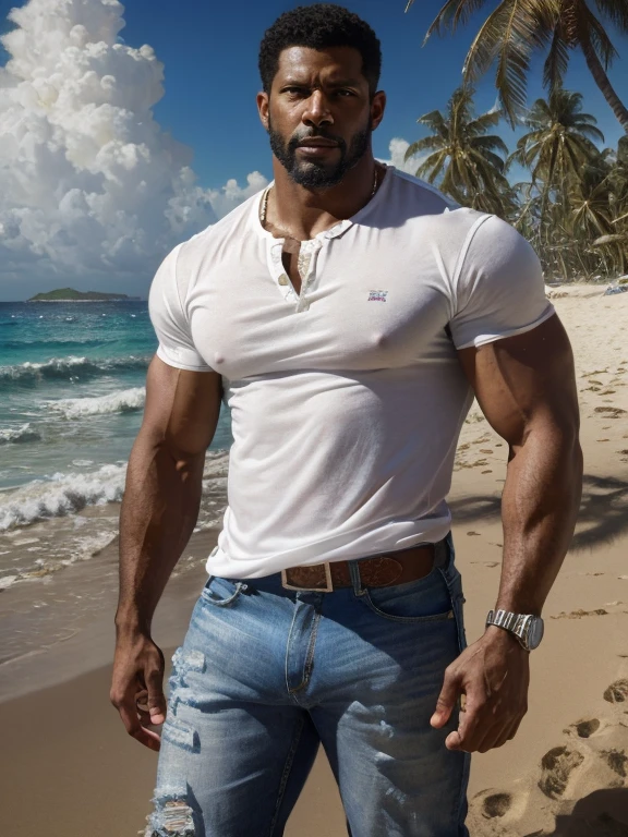 A muscular black man on vacation, realistic photo, hairy body, alpha male, (forty year old), huge biceps, ripped abs, shaggy black hair, jeans, unbuttoned white t-shirt with abs showing, caribbean sunny morning, white sand beach, smirking, 4k, high detailed, beautiful, art by Stanley artgerm, by Daniel f gerhartz, by pino daeni, highly detailed, sharp focus.