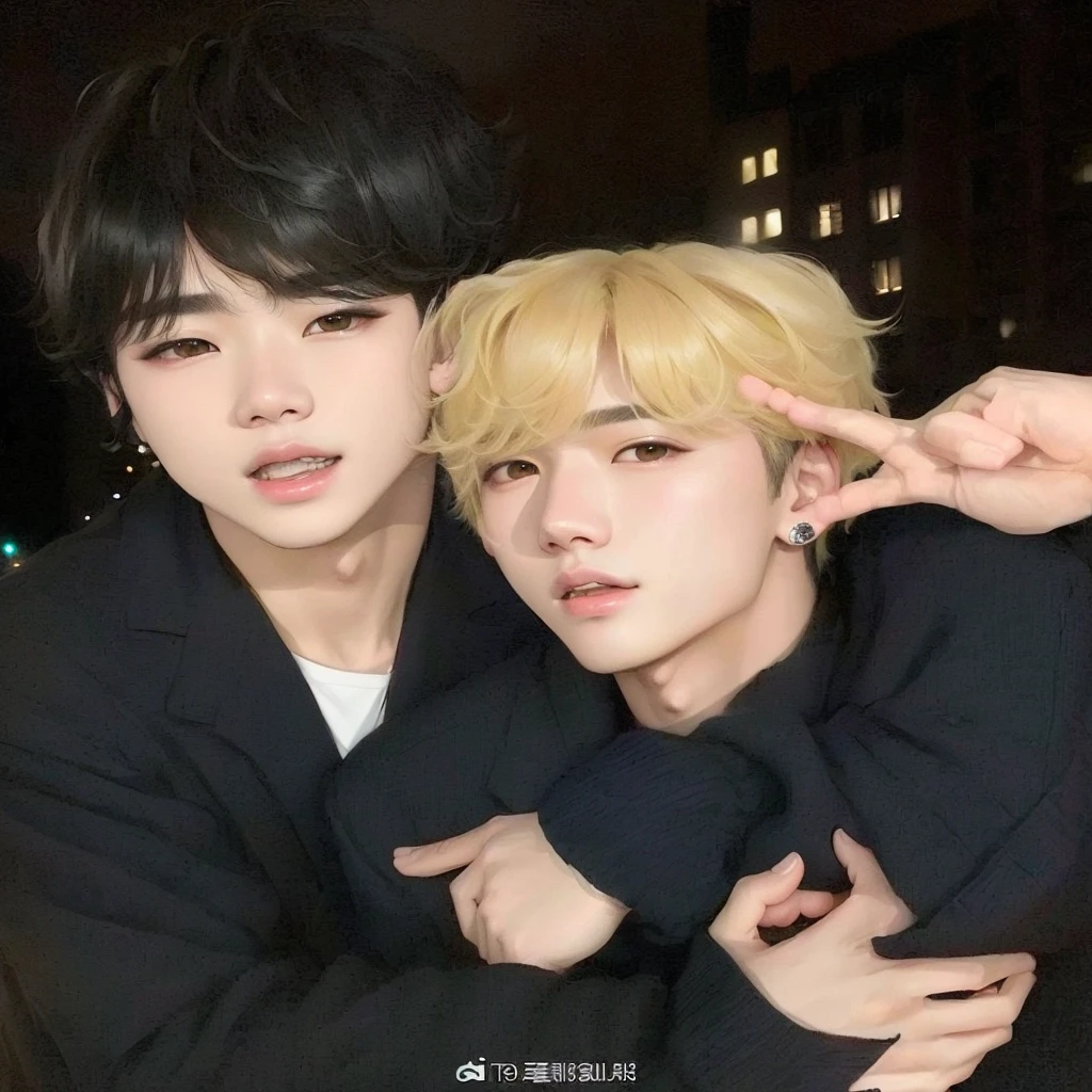 Two young people posing for a photo in a city at night., BTS, Jimin, jungkook, inspirado en Kun Can, kim doyoung, Jimin\los labios carnosos, muchachos guapos, cai xukun, nixeu y sakimichan, taken in the early 2020s, suave en _ el fondo, imagen filtrada, smol, yoongi de pelo negro