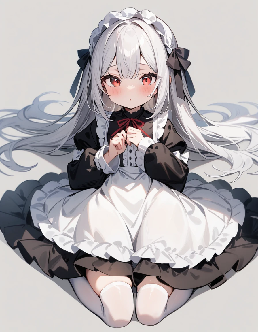 (masterpiece), (best quality), simple background, kneeling, 1girl, white hair, red eyes, loli, white stockings, lolita, lying down, legs open