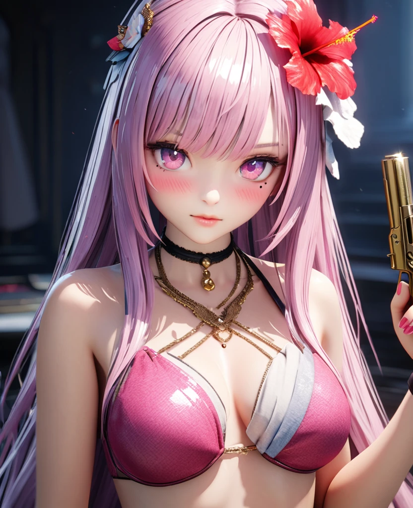 masterpiece,highest quality, Very detailed, High resolution, expensive resolution, High resolution, 4K, 8k, unity 8k wallpaper, Very detailed CG, masterpiece, 2D, 3D, Beautiful details, depth, Fine texture , highest quality: 1.3, Fully focused, Crispy.skin, .he,
Very cute anime girl 、bikini、Large Breasts、Pink medium-long hair wearing expensive , Two Girls、Holding a gun, Mole under the eye, looking at the viewer , expensive , blush, Mole, Lips parted, Hibiscus Hair Accessories, heart, Pink Eyes, choker