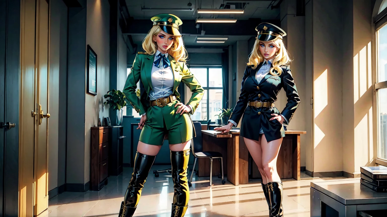 Masterpiece  Caucasian blonde curly hair,  very tiny green  miniskirt,  light green  pantyhose,  high heels,  sun shiny day 