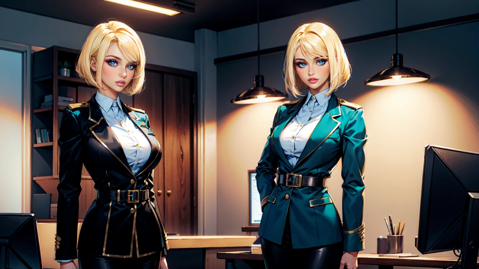 woman, blond Duoble Ban Haircut with blonde hair extension, blue eyes,oliv green Blazer Uniform, belt, Black boots, standing in a office