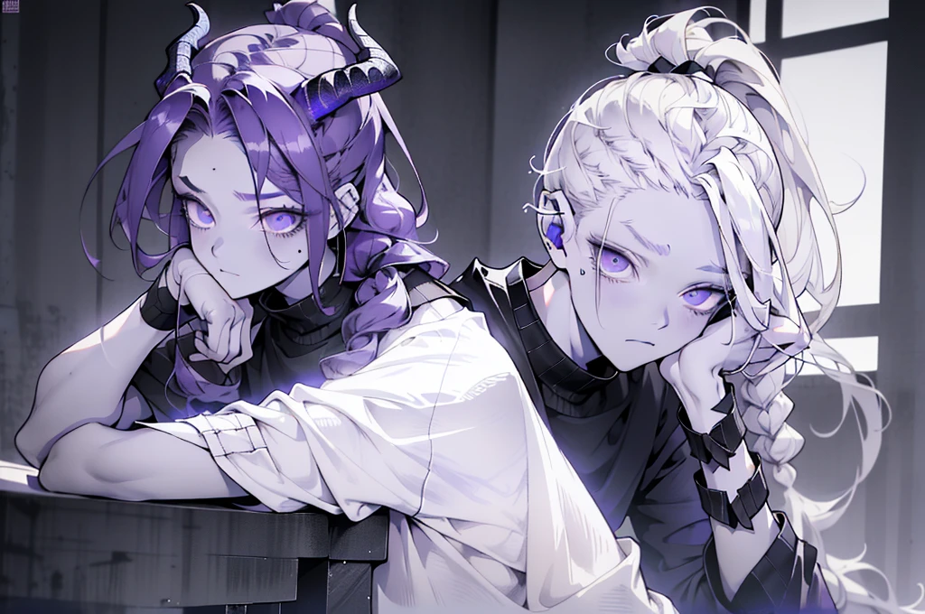 boy thoughtful look open forehead. white and purple hair braided in a ponytail on the left side to one side. sinuous black horns wrapped in dark purple ribbon. pale violet eyes. in short dark purple shorts. long white T-shirt. dark purple knee-high socks. white long coat with hood. black limit stone walls purple light from lamps sitting on the steps