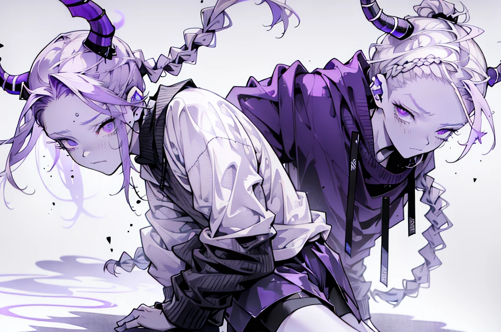 boy thoughtful look open forehead. white and purple hair braided in a ponytail on the left side to one side. sinuous black horns wrapped in dark purple ribbon. pale violet eyes. in short dark purple shorts. long white T-shirt. dark purple knee-high socks. white long coat with hood. black limit stone walls purple light from lamps sitting on the steps
