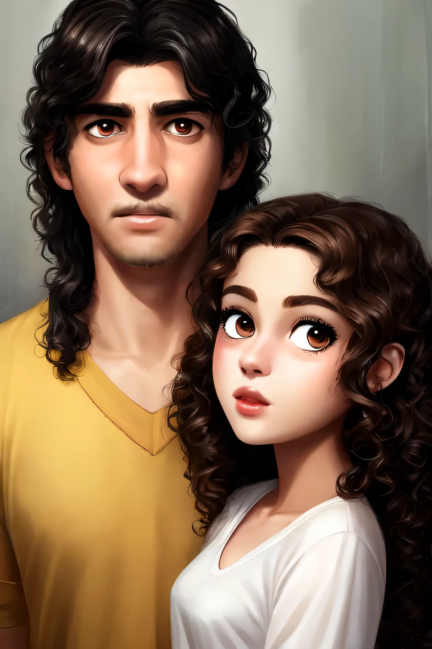 Create an image of a father and an -year-oaught the dad with the following description slender black hair, white small lips and slightly small eyes and the daughter curly brown hair and large and light brown eyes