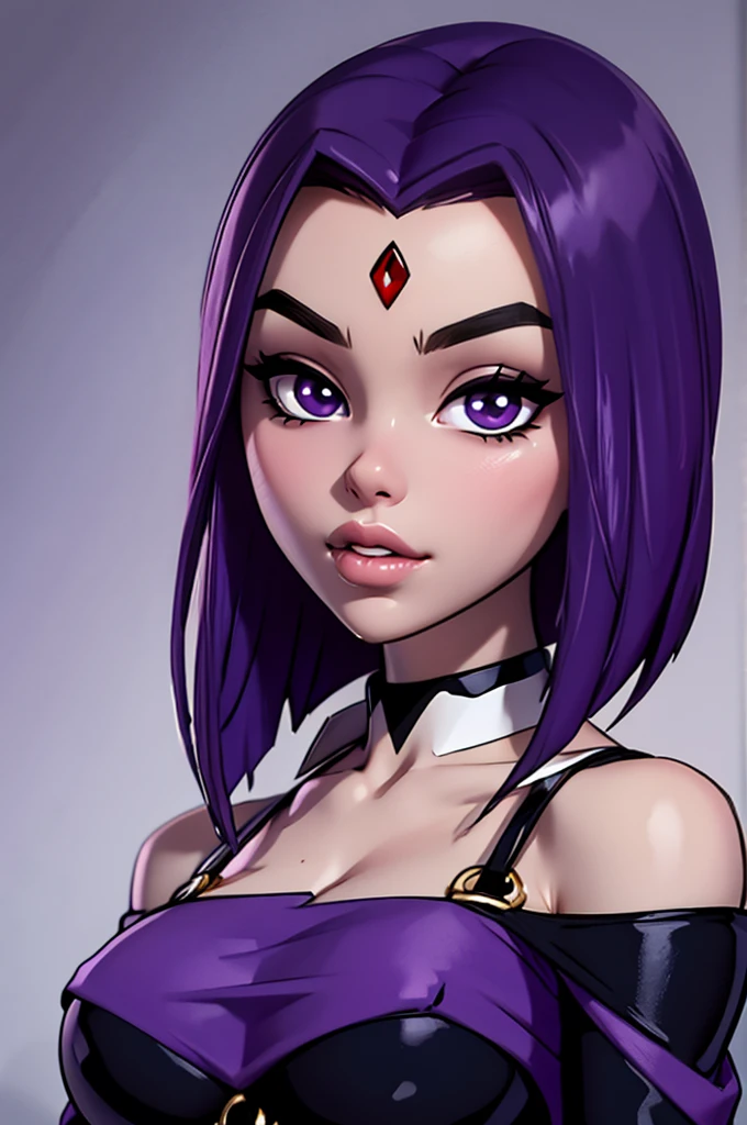 A mid shot of Raven, Teen Titans Raven, slender slim body, skinny waist, arched back, pale grey skin, red gemstone in the centre of her forehead, looking at viewer, seductive, (realistic), (masterpiece), (highly detailed face), thick eyebrows, big juicy purple lips, lip filler, cheekbones, defined face, sharp nose, attractive