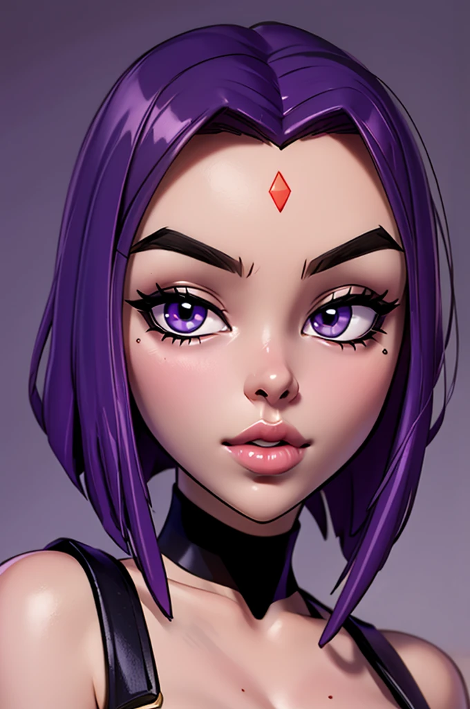 A mid shot of Raven, Teen Titans Raven, slender slim body, skinny waist, arched back, pale grey skin, red gemstone in the centre of her forehead, looking at viewer, seductive, (realistic), (masterpiece), (highly detailed face), thick eyebrows, big juicy purple lips, lip filler, cheekbones, defined face, sharp nose, attractive