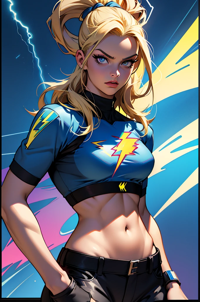 (best quality,4k,highres),popart poster,8k illustration,colorful,1girl as brigitte bardot with dark eye makeup,wearing midriff top and pants,vibrant colors, perfect anatomy, art style of popart,sharp focus.storm, Blue thunder, blue lightening, absorbed lightening, electric aura